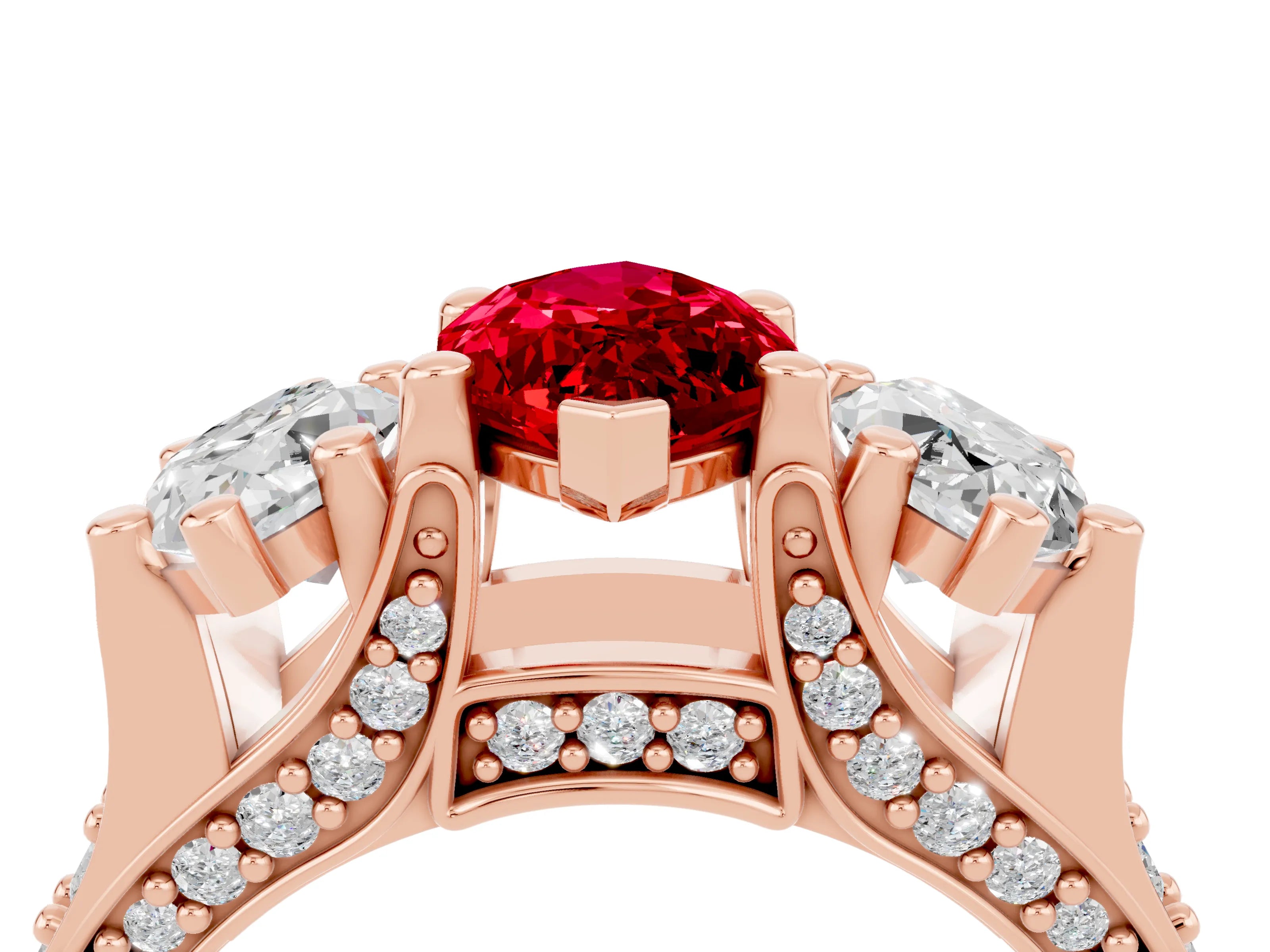 Rose gold Marquise Cut Ruby Three-Stone Ring with Channel Set Band and Four-Prong Setting_4