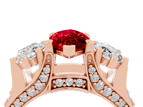 Rose gold Marquise Cut Ruby Three-Stone Ring with Channel Set Band and Four-Prong Setting_4