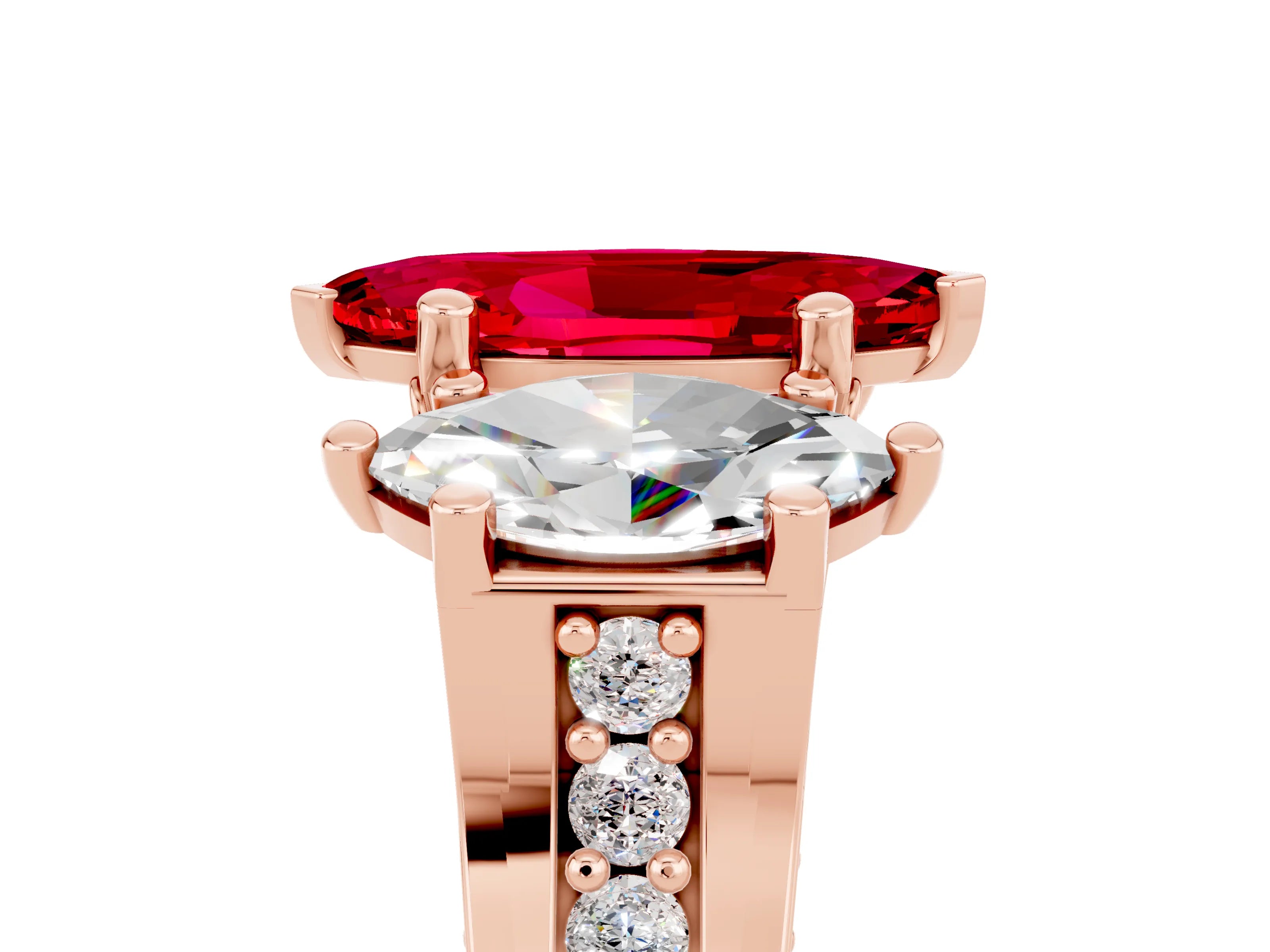 Rose gold Marquise Cut Ruby Three-Stone Ring with Channel Set Band and Four-Prong Setting_5