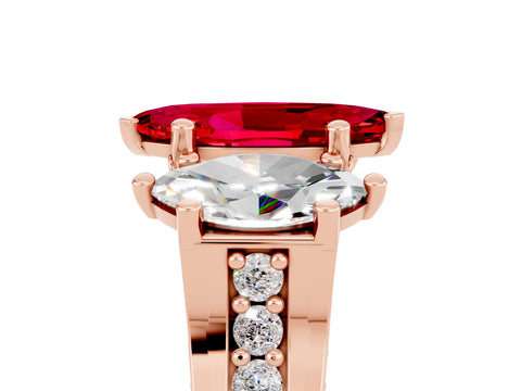 Rose gold Marquise Cut Ruby Three-Stone Ring with Channel Set Band and Four-Prong Setting_5