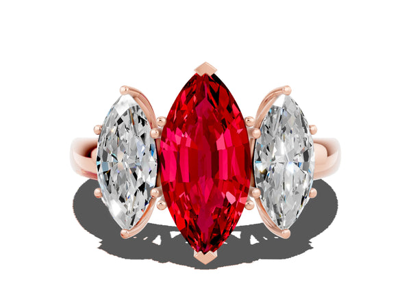 Rose gold Marquise Cut Ruby Three-Stone Ring with Four-Prong Setting and Classic Band