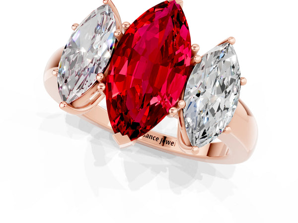 Rose gold Marquise Cut Ruby Three-Stone Ring with Four-Prong Setting and Classic Band