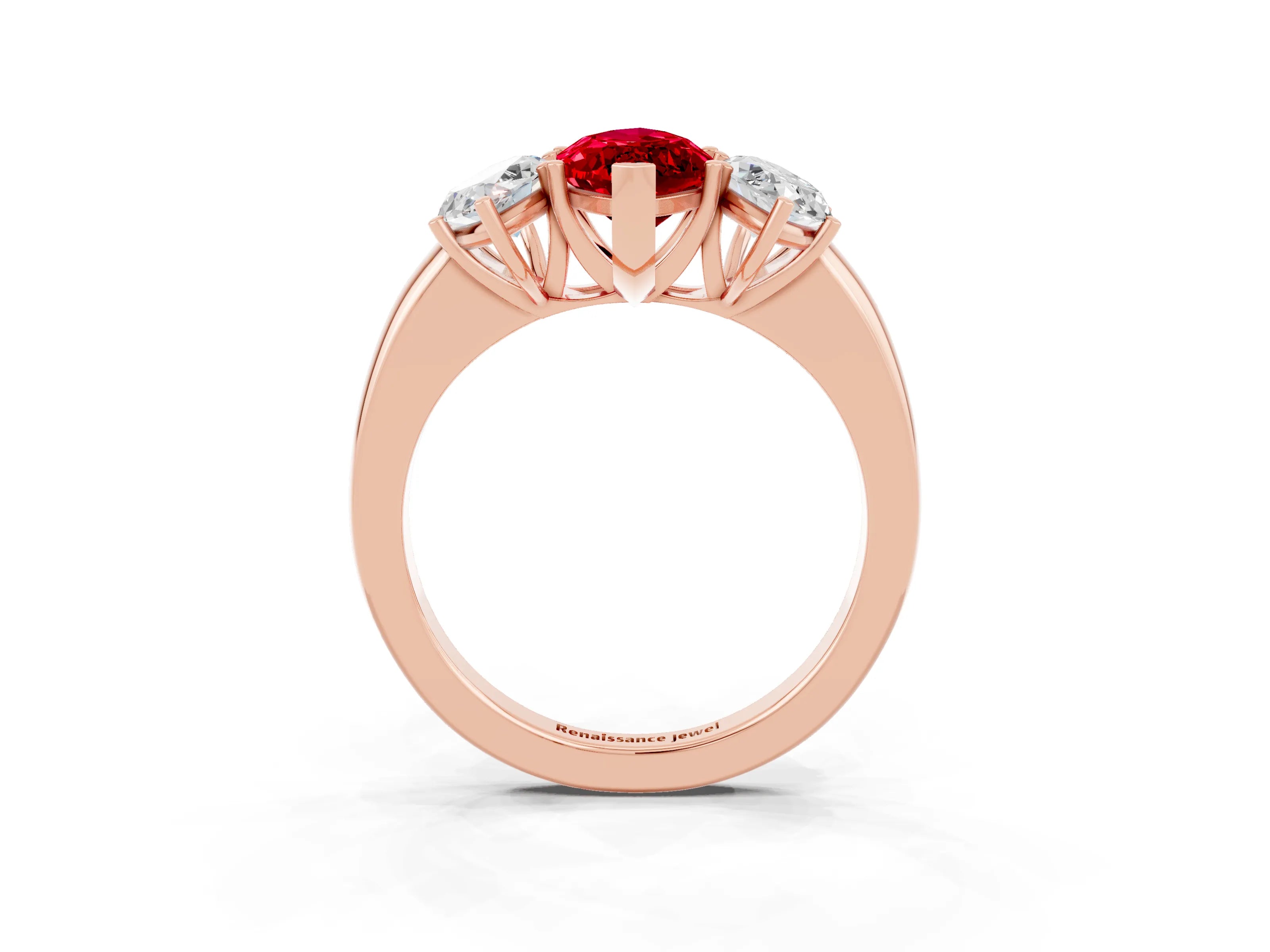 Rose gold Marquise Cut Ruby Three-Stone Ring with Four-Prong Setting and Classic Band_3