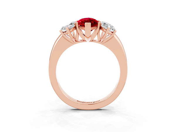 Rose gold Marquise Cut Ruby Three-Stone Ring with Four-Prong Setting and Classic Band