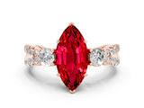 Rose gold Marquise Cut Ruby Three-Stone Ring with Pavé Split Shank and Four-Prong Setting_12