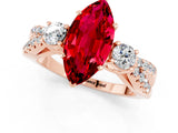 Rose gold Marquise Cut Ruby Three-Stone Ring with Pavé Split Shank and Four-Prong Setting_13