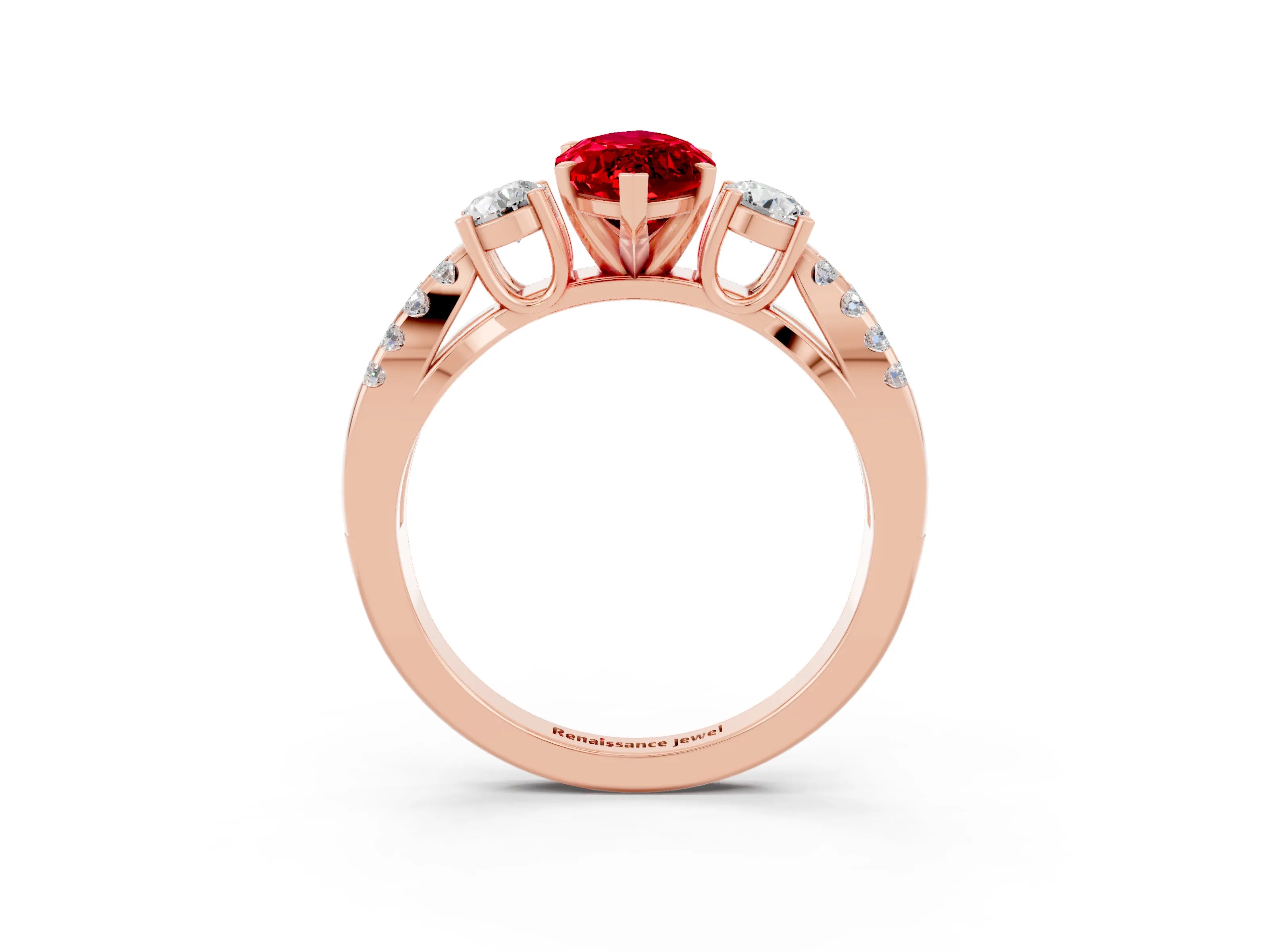 Rose gold Marquise Cut Ruby Three-Stone Ring with Pavé Split Shank and Four-Prong Setting_15