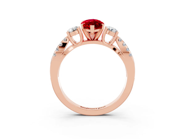 Rose gold Marquise Cut Ruby Three-Stone Ring with Pavé Split Shank and Four-Prong Setting