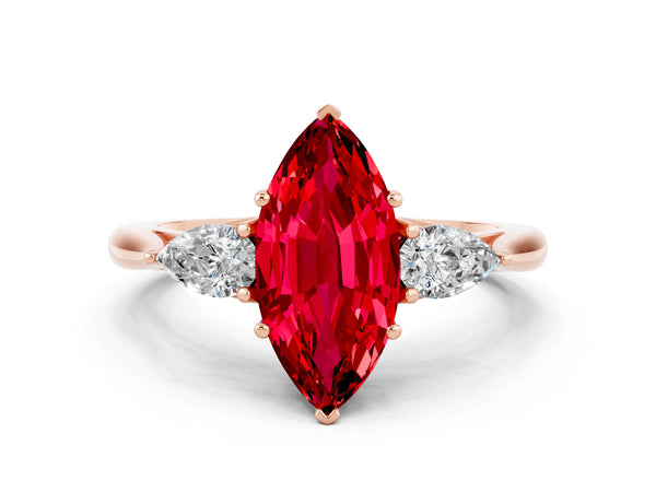 Rose gold Marquise Cut Ruby Three-Stone Ring with Pear  Side Stones and Prong Setting
