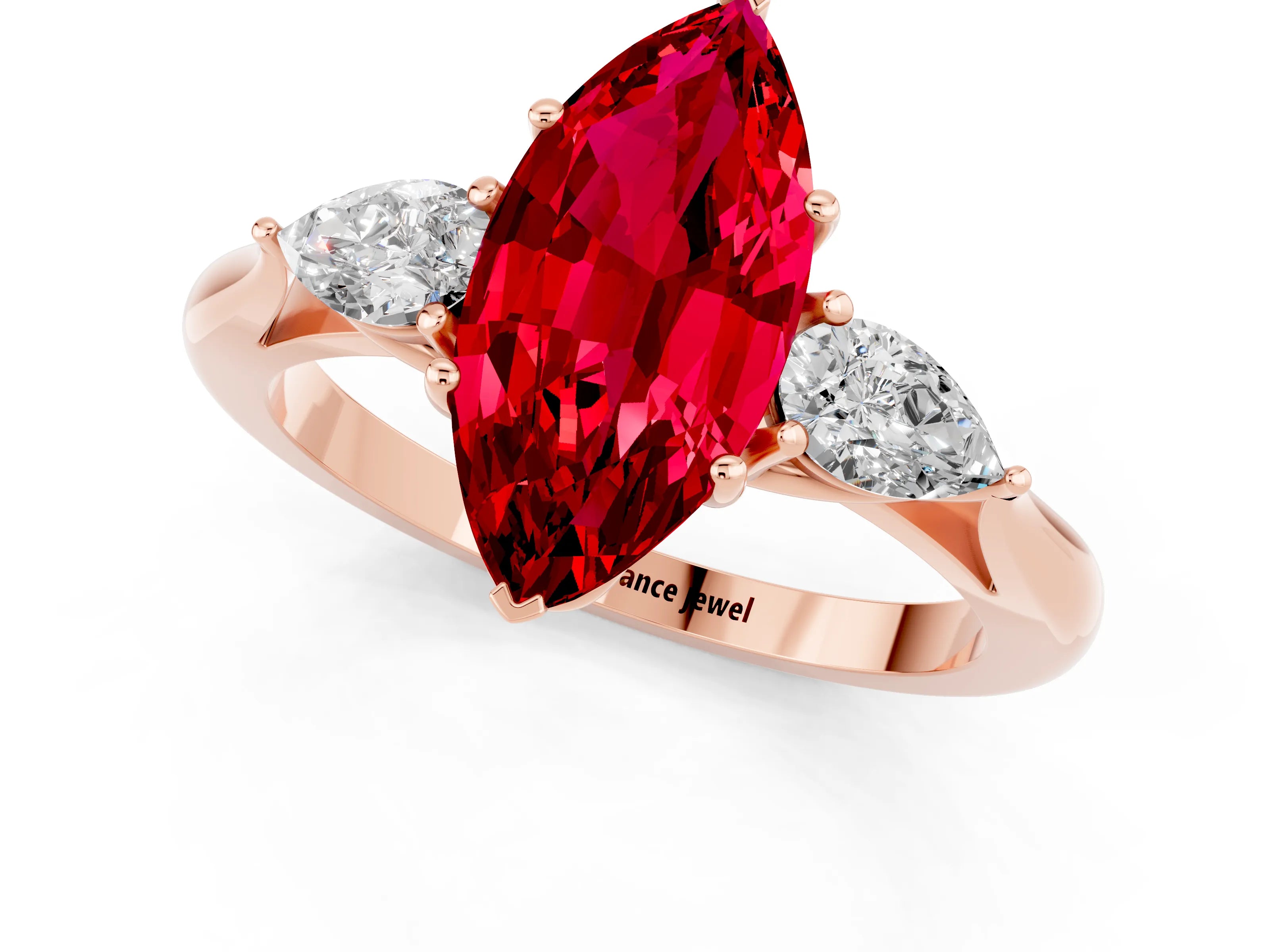 Rose gold Marquise Cut Ruby Three-Stone Ring with Pear Side Stones and Four-Prong Setting_13