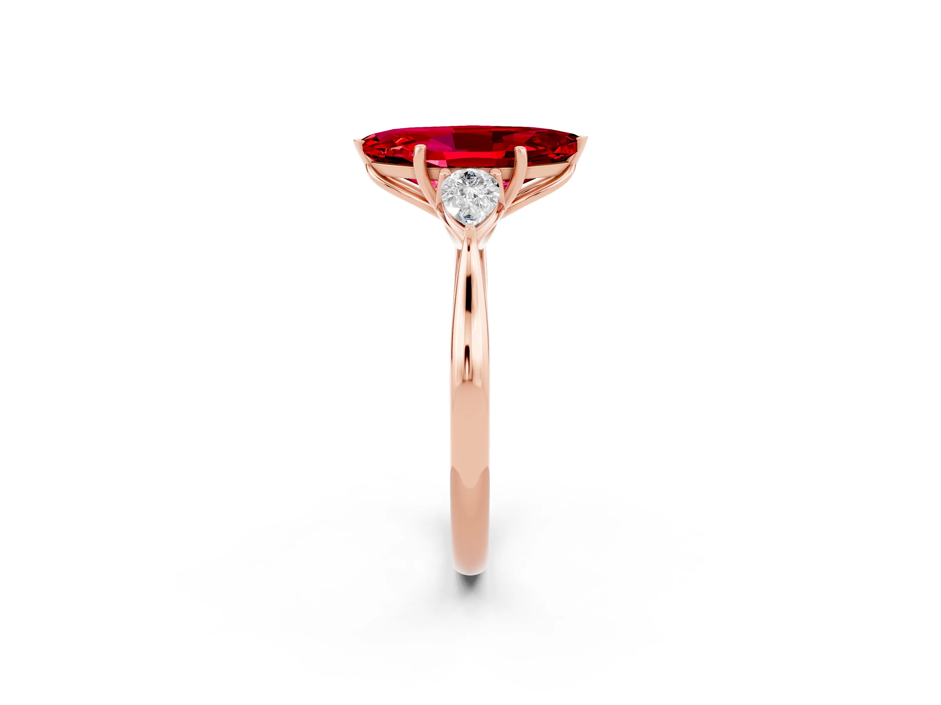 Rose gold Marquise Cut Ruby Three-Stone Ring with Pear Side Stones and Four-Prong Setting_14