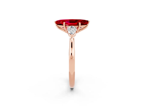 Rose gold Marquise Cut Ruby Three-Stone Ring with Pear Side Stones and Four-Prong Setting_14