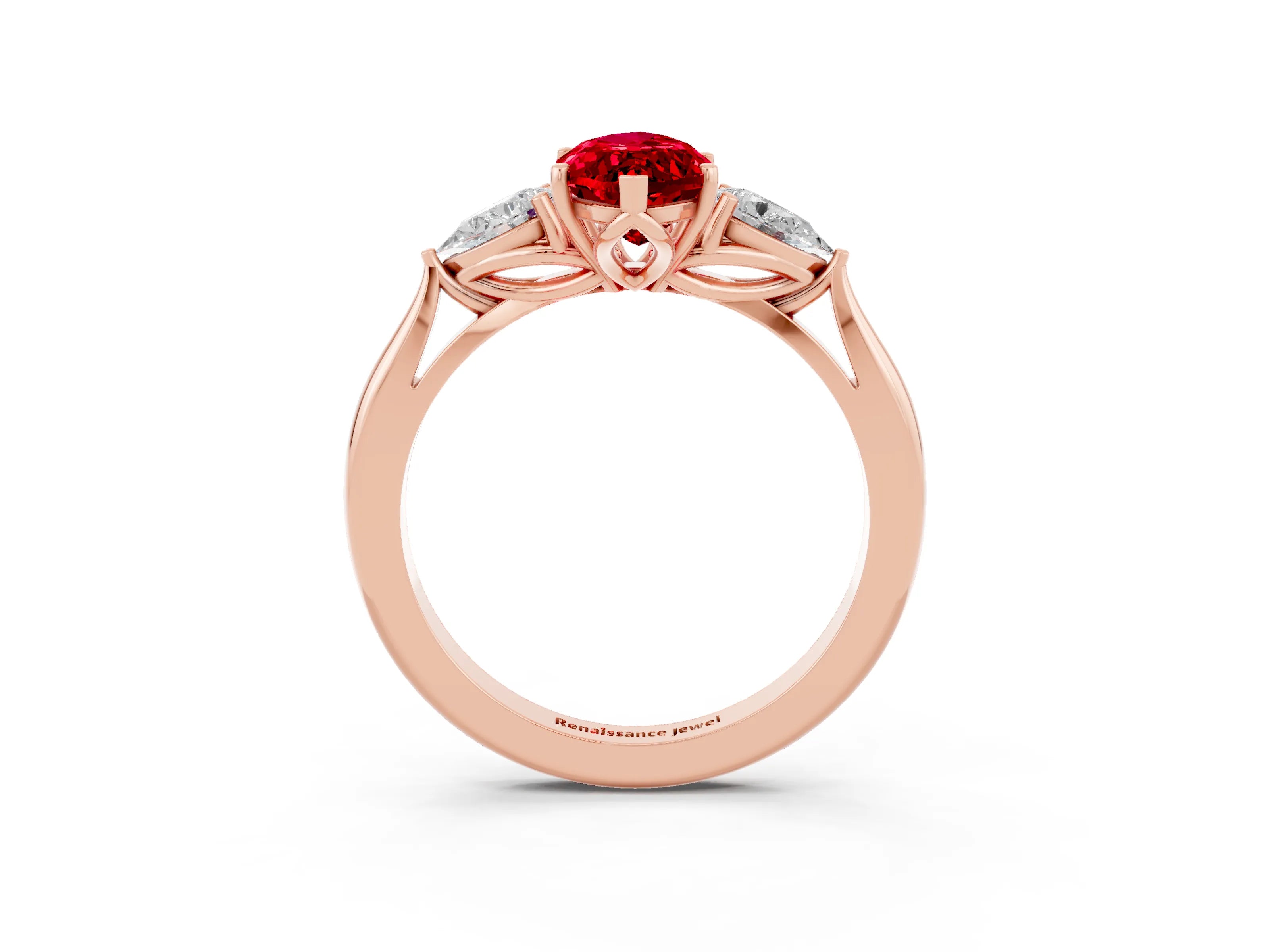 Rose gold Marquise Cut Ruby Three-Stone Ring with Pear Side Stones and Four-Prong Setting_15