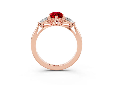 Rose gold Marquise Cut Ruby Three-Stone Ring with Pear Side Stones and Four-Prong Setting_15