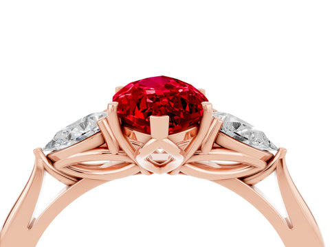 Rose gold Marquise Cut Ruby Three-Stone Ring with Pear Side Stones and Four-Prong Setting_16