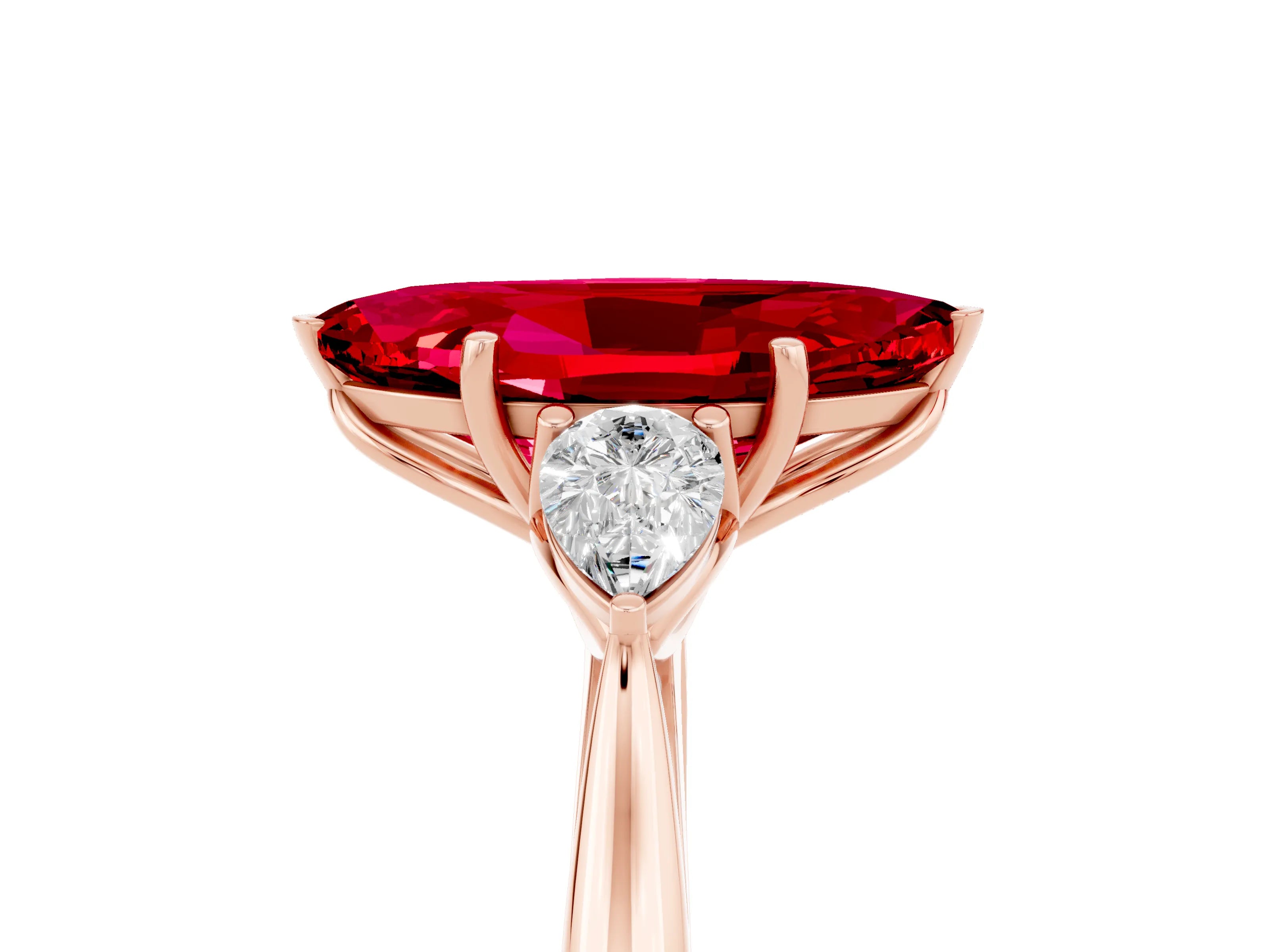 Rose gold Marquise Cut Ruby Three-Stone Ring with Pear Side Stones and Four-Prong Setting_17