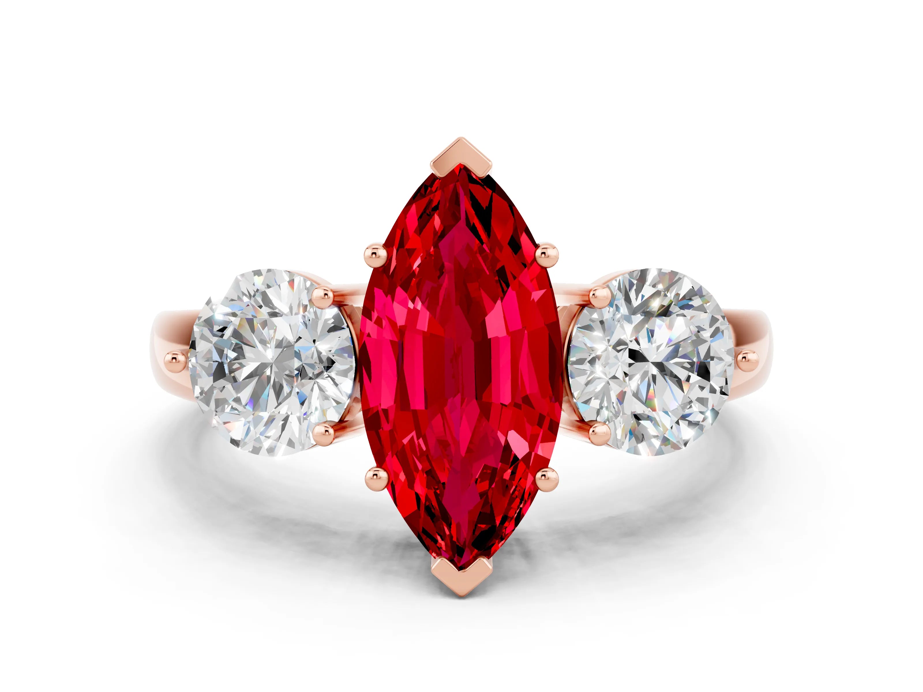 Rose gold Marquise Cut Ruby Three-Stone Ring with Prong Setting and Classic Band