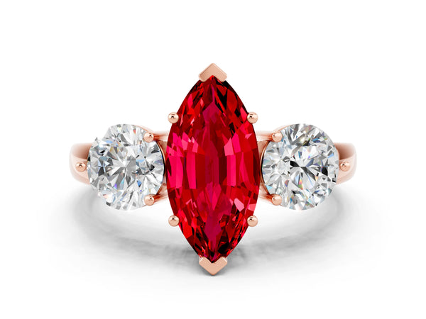 Rose gold Marquise Cut Ruby Three-Stone Ring with Prong Setting and Classic Band