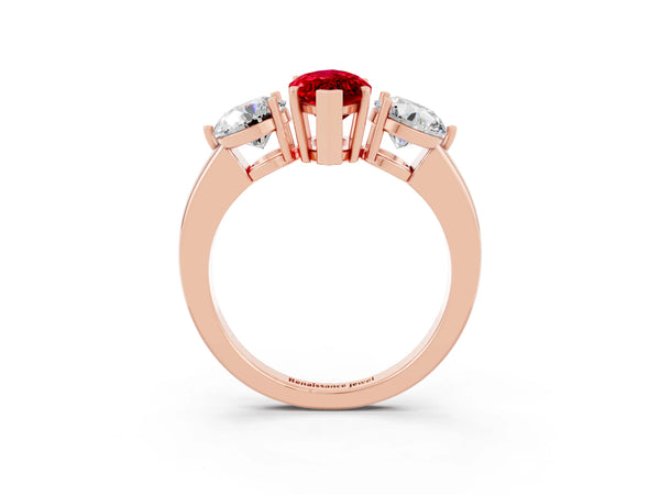 Rose gold Marquise Cut Ruby Three-Stone Ring with Prong Setting and Classic Band
