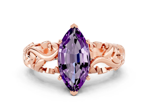 Rose gold Marquise Cut Solitaire Amethyst Leaf-Inspired Vine Band Ring with Prong Setting