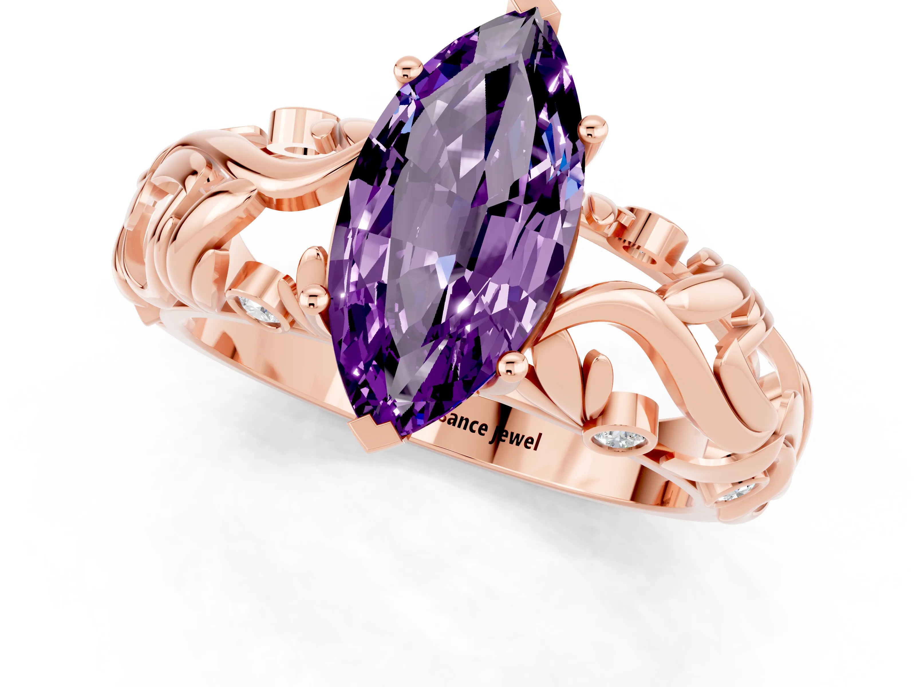 Rose gold Marquise Cut Solitaire Amethyst Leaf-Inspired Vine Band Ring with Prong Setting_1