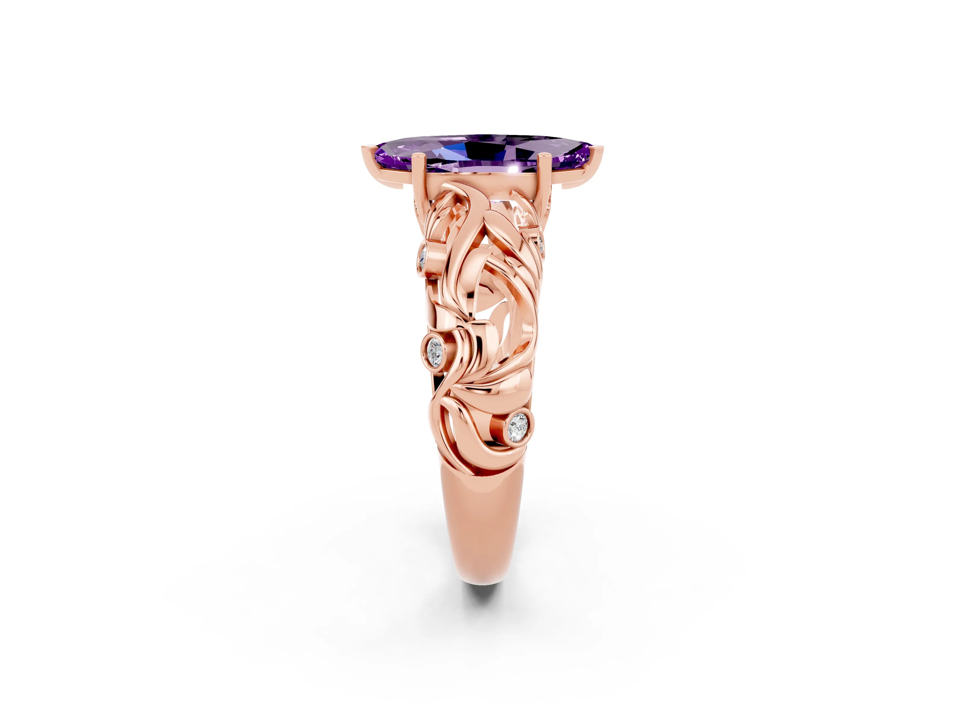 Rose gold Marquise Cut Solitaire Amethyst Leaf-Inspired Vine Band Ring with Prong Setting_2