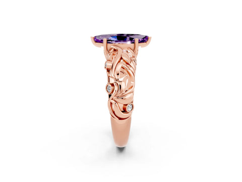 Rose gold Marquise Cut Solitaire Amethyst Leaf-Inspired Vine Band Ring with Prong Setting_2