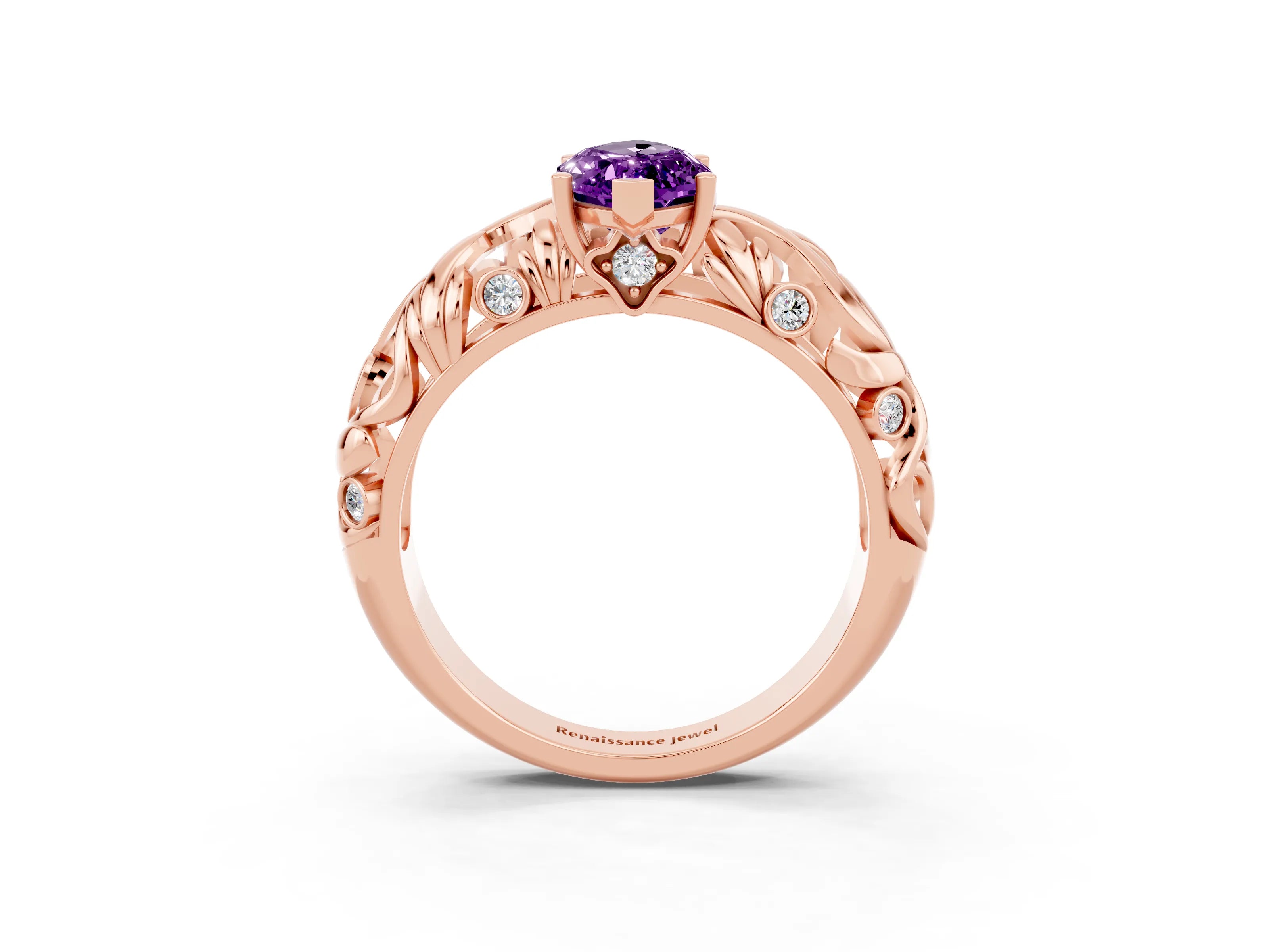 Rose gold Marquise Cut Solitaire Amethyst Leaf-Inspired Vine Band Ring with Prong Setting_3
