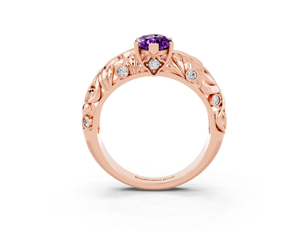 Rose gold Marquise Cut Solitaire Amethyst Leaf-Inspired Vine Band Ring with Prong Setting