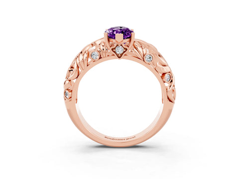 Rose gold Marquise Cut Solitaire Amethyst Leaf-Inspired Vine Band Ring with Prong Setting_3