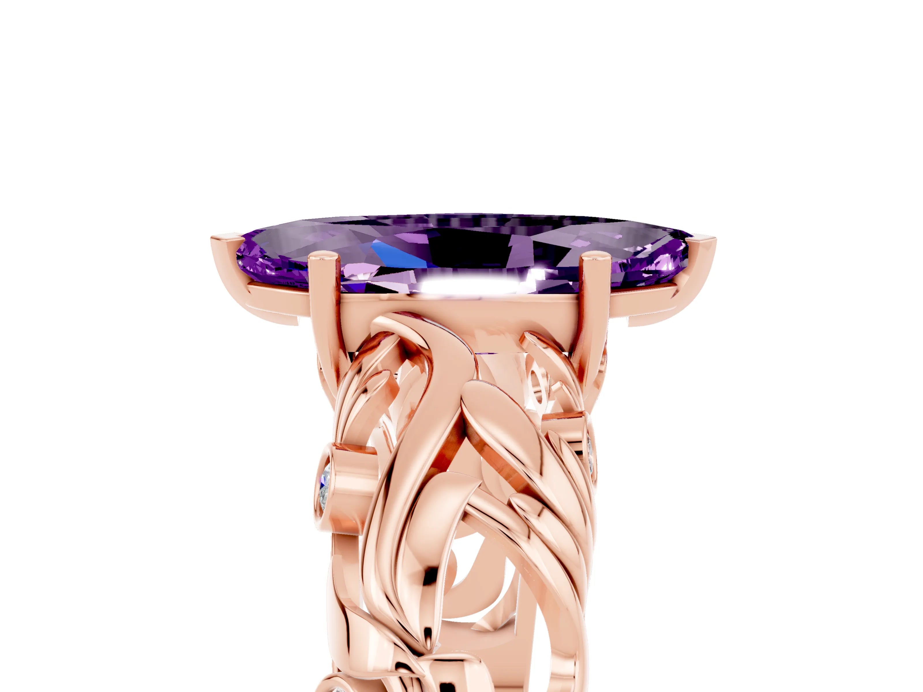 Rose gold Marquise Cut Solitaire Amethyst Leaf-Inspired Vine Band Ring with Prong Setting_5