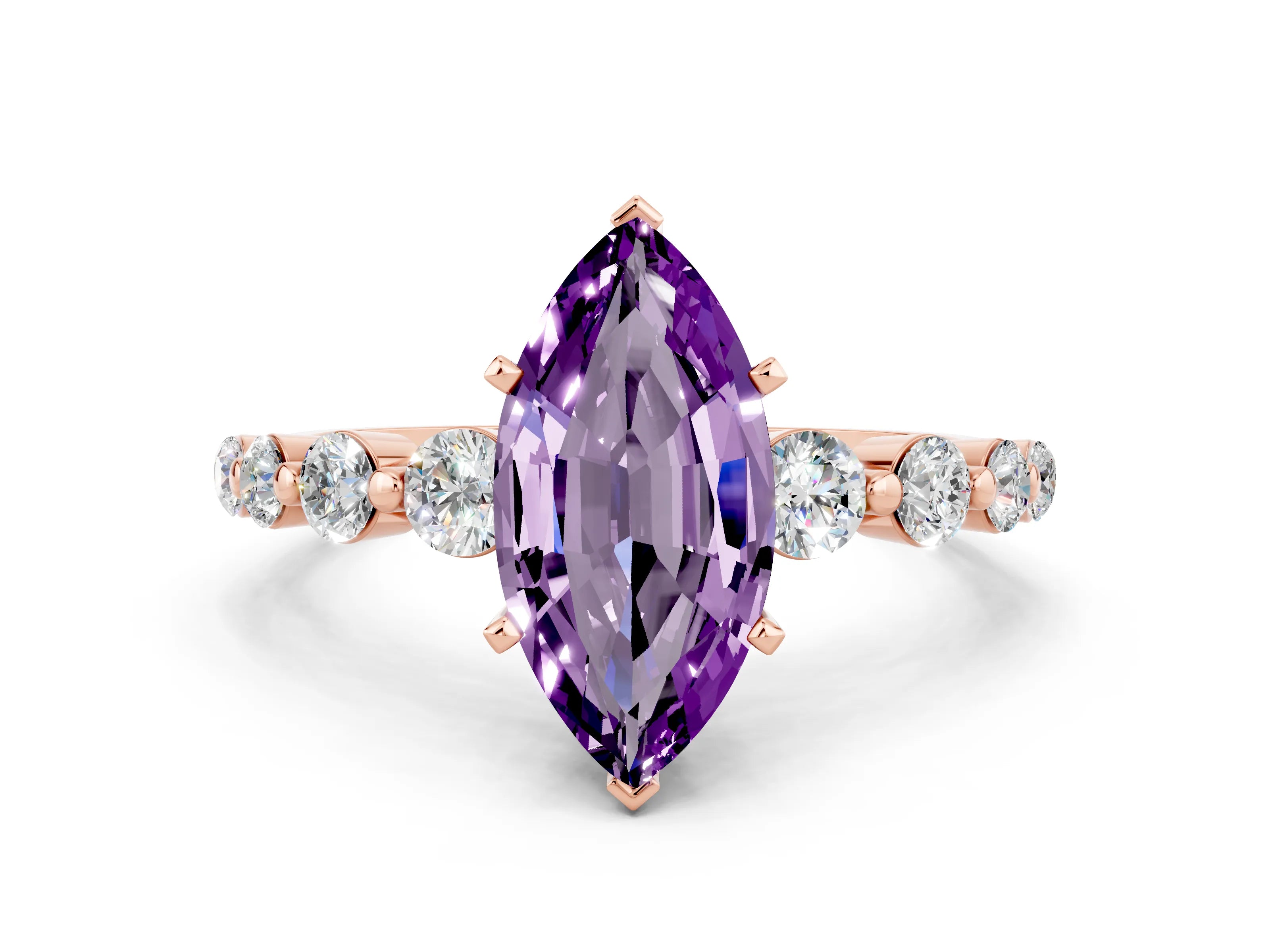 Rose gold Marquise Cut Solitaire Amethyst Ring with Pave Band and Four-Prong Setting