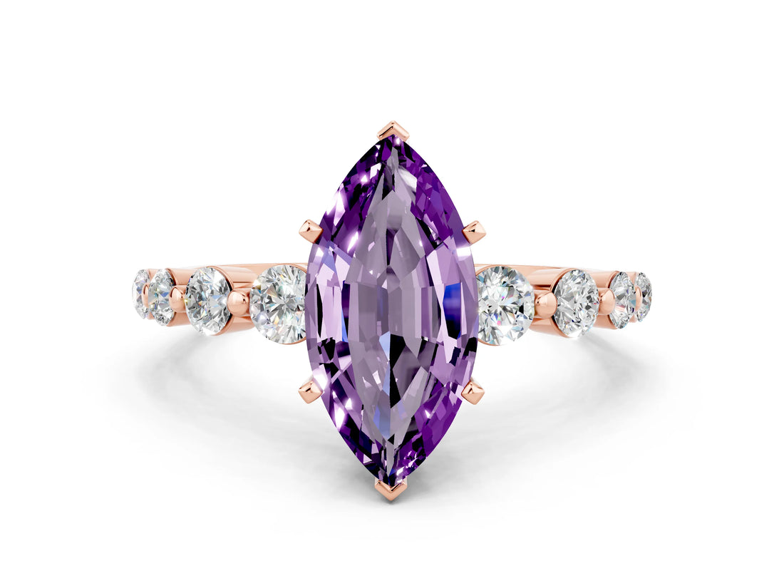 Rose gold Marquise Cut Solitaire Amethyst Ring with Pave Band and Four-Prong Setting