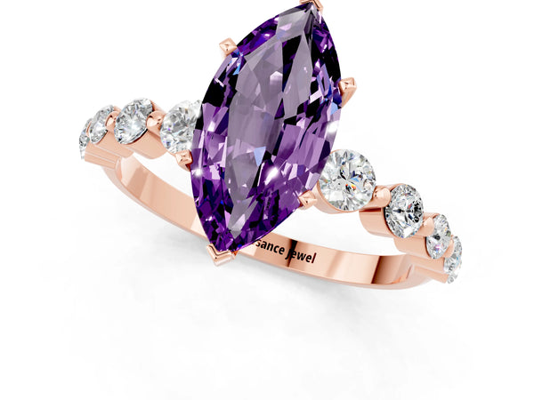 Rose gold Marquise Cut Solitaire Amethyst Ring with Pave Band and Four-Prong Setting