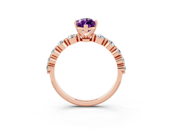 Rose gold Marquise Cut Solitaire Amethyst Ring with Pave Band and Four-Prong Setting