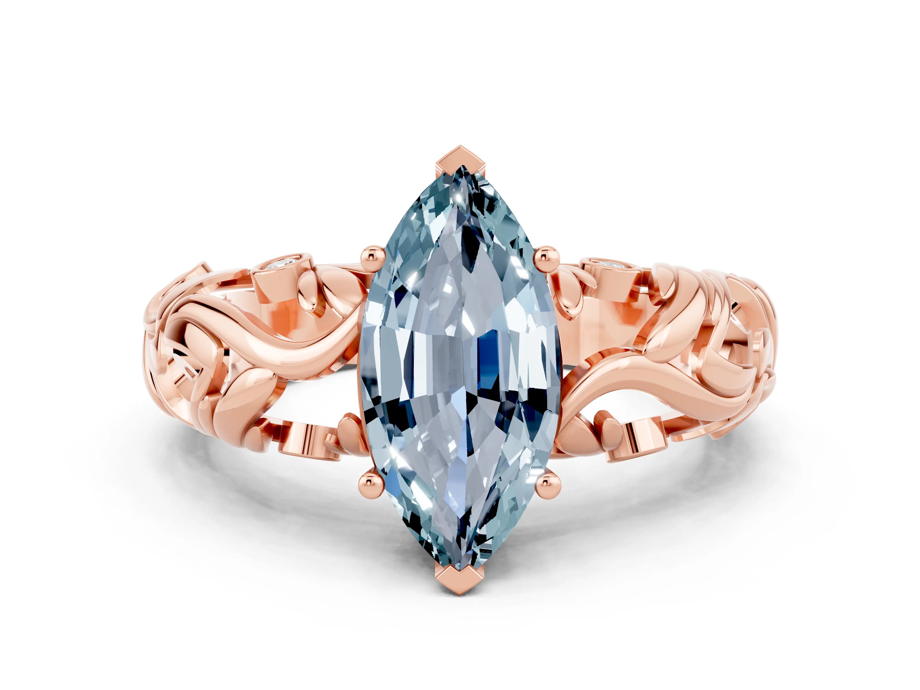 Rose gold Marquise Cut Solitaire Aquamarine Leaf-Inspired Vine Band Ring with Prong Setting