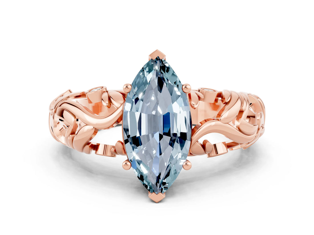 Rose gold Marquise Cut Solitaire Aquamarine Leaf-Inspired Vine Band Ring with Prong Setting