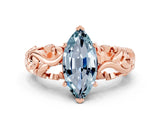 Rose gold Marquise Cut Solitaire Aquamarine Leaf-Inspired Vine Band Ring with Prong Setting