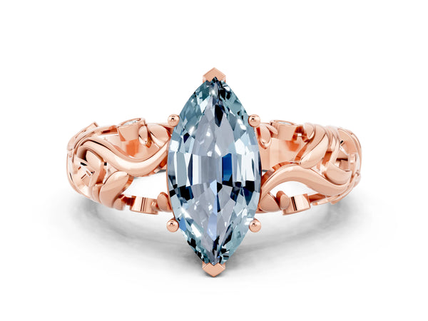 Rose gold Marquise Cut Solitaire Aquamarine Leaf-Inspired Vine Band Ring with Prong Setting