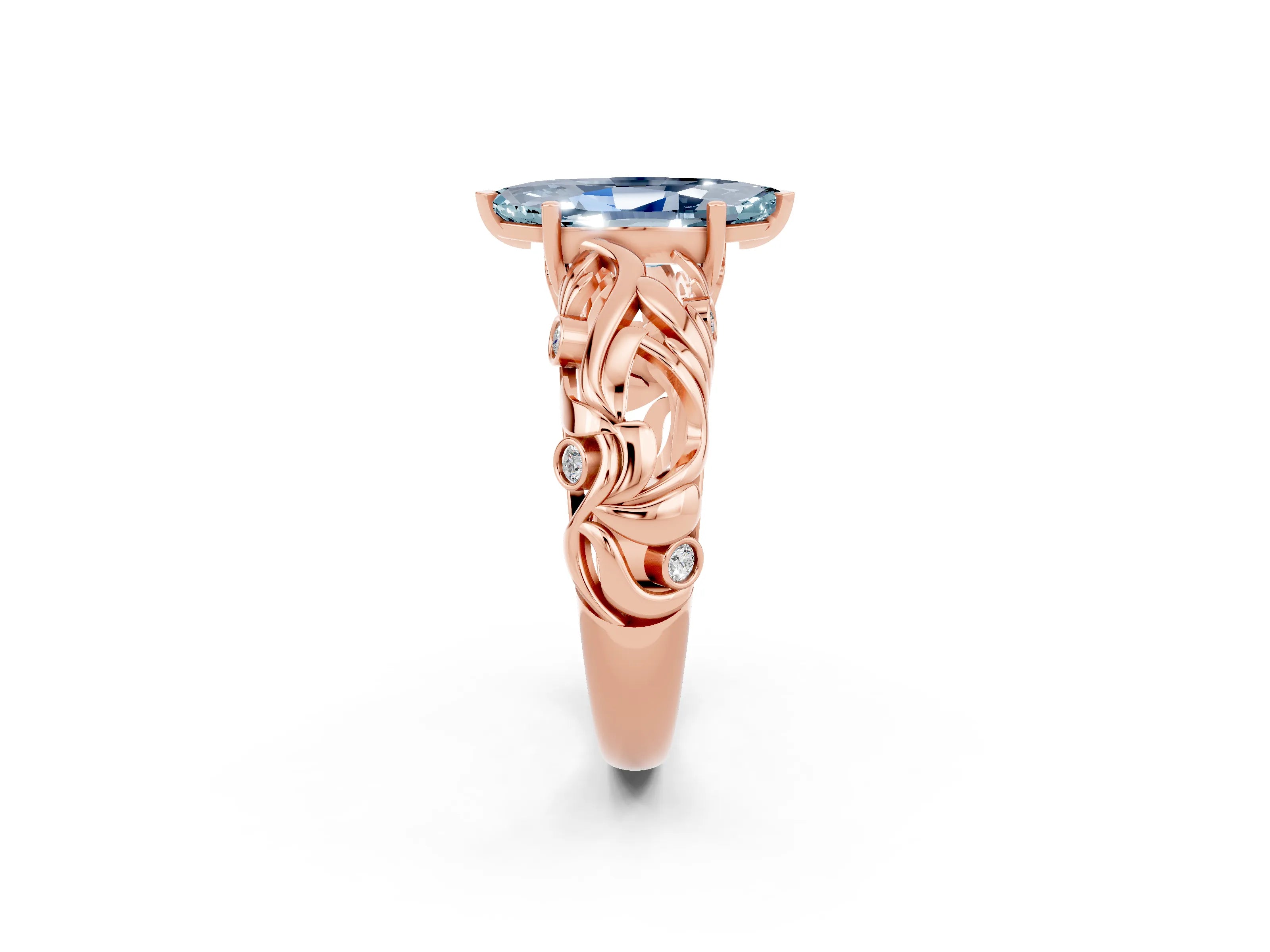 Rose gold Marquise Cut Solitaire Aquamarine Leaf-Inspired Vine Band Ring with Prong Setting_2