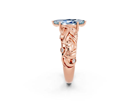 Rose gold Marquise Cut Solitaire Aquamarine Leaf-Inspired Vine Band Ring with Prong Setting_2
