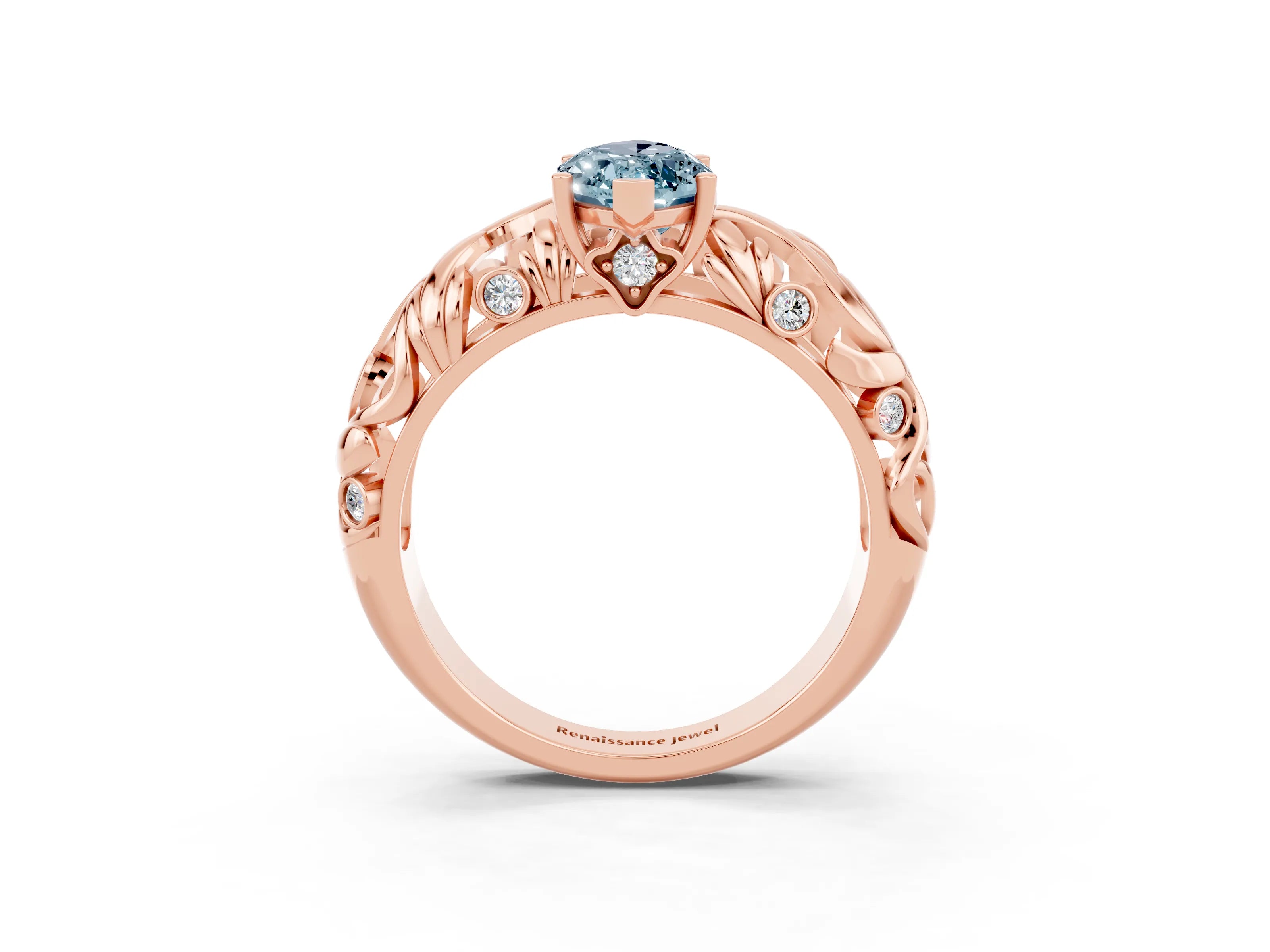 Rose gold Marquise Cut Solitaire Aquamarine Leaf-Inspired Vine Band Ring with Prong Setting_3
