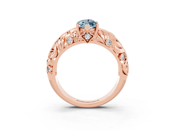 Rose gold Marquise Cut Solitaire Aquamarine Leaf-Inspired Vine Band Ring with Prong Setting