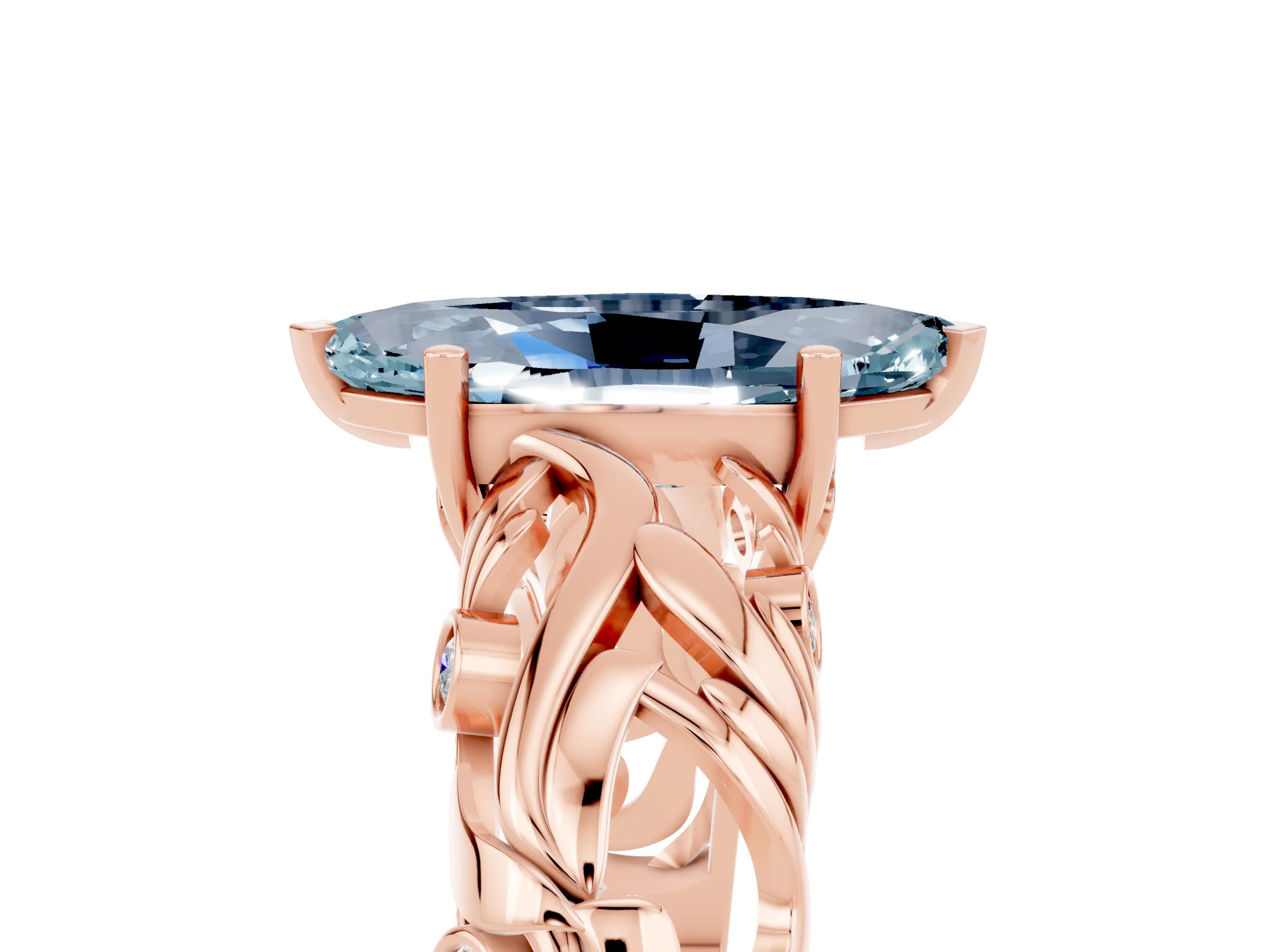 Rose gold Marquise Cut Solitaire Aquamarine Leaf-Inspired Vine Band Ring with Prong Setting_5