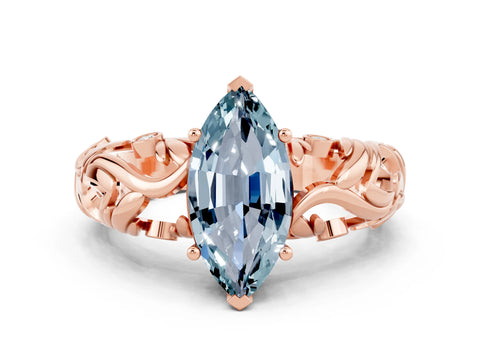 Rose gold Marquise Cut Solitaire Aquamarine Leaf-Inspired Vine Band Ring with Prong Setting