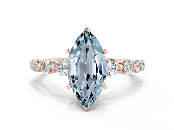 Rose gold Marquise Cut Solitaire Aquamarine Ring with Pave Band and Four-Prong Setting