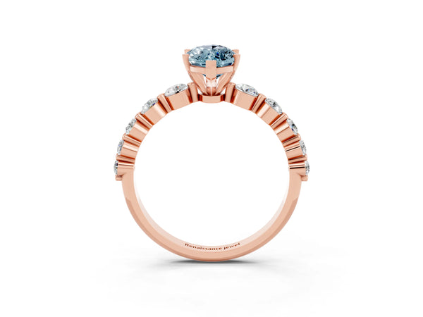 Rose gold Marquise Cut Solitaire Aquamarine Ring with Pave Band and Four-Prong Setting