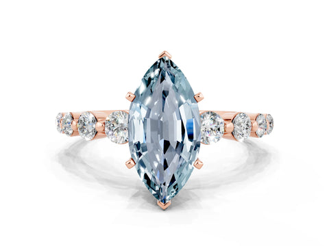Rose gold Marquise Cut Solitaire Aquamarine Ring with Pave Band and Four-Prong Setting