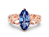 Rose gold Marquise Cut Solitaire Blue Sapphire Leaf-Inspired Vine Band Ring with Prong Setting