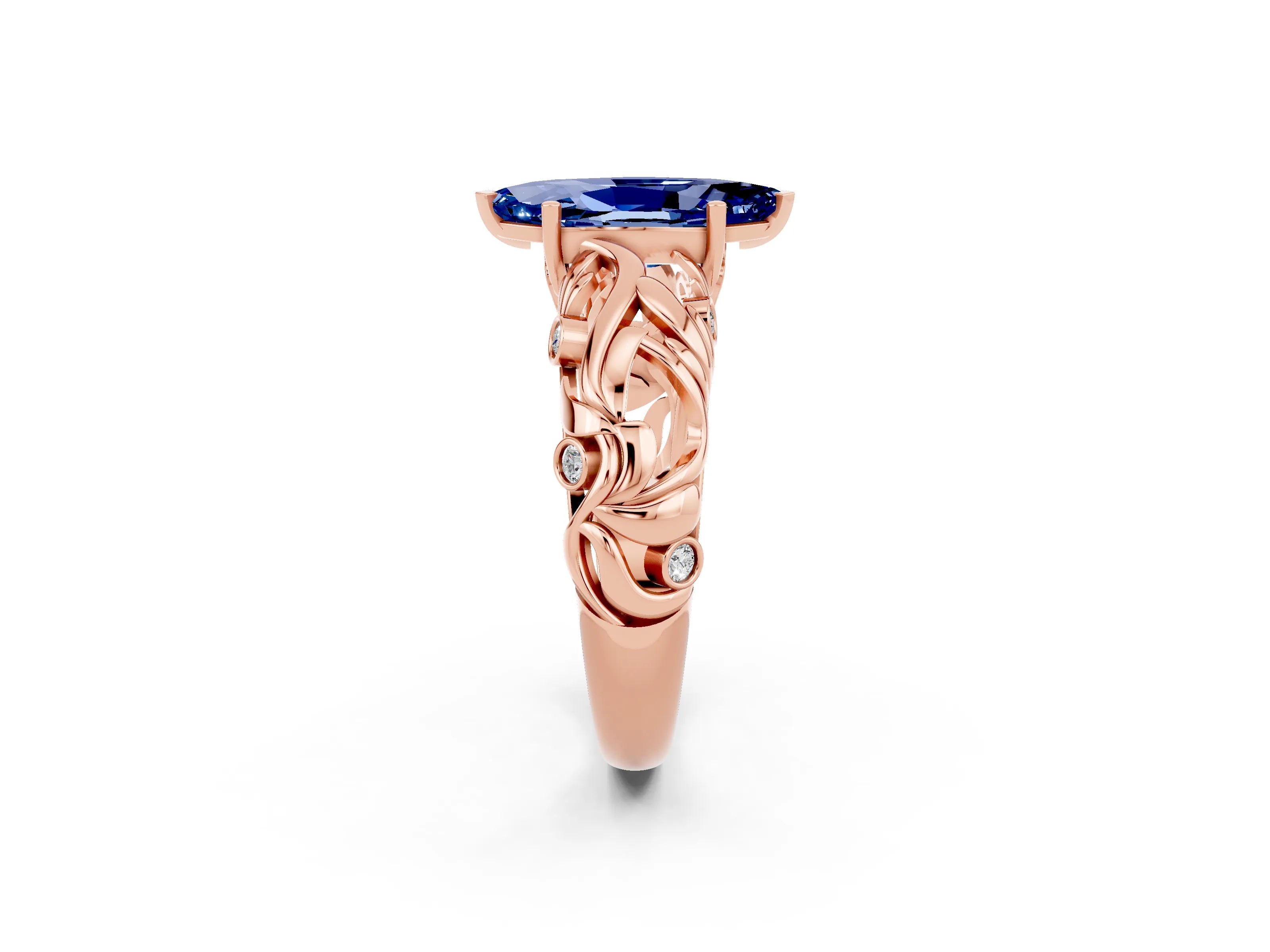 Rose gold Marquise Cut Solitaire Blue Sapphire Leaf-Inspired Vine Band Ring with Prong Setting_2